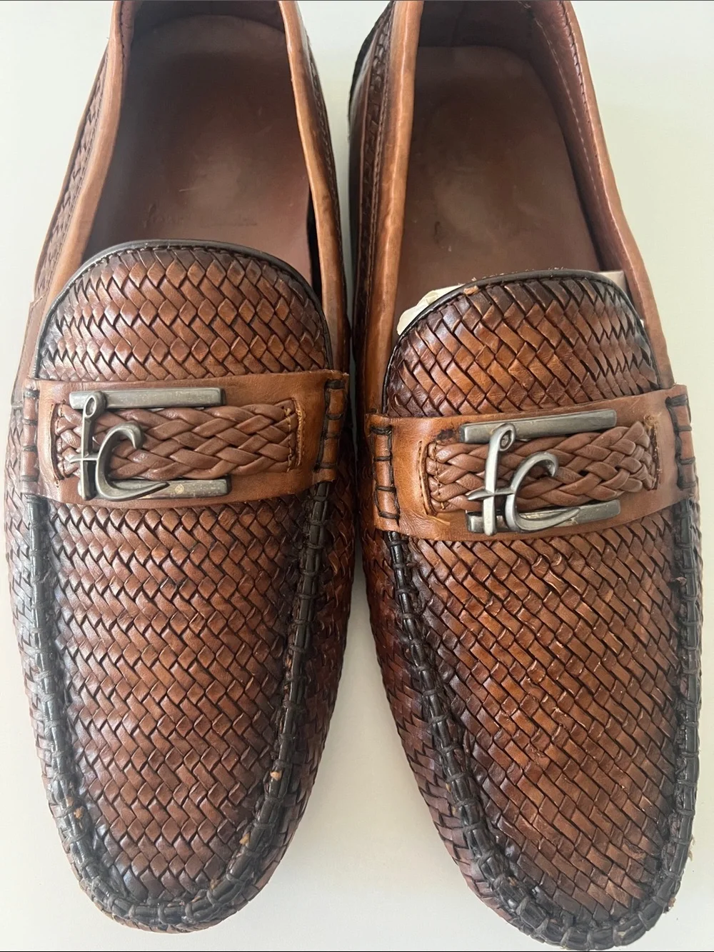 Men's Woven Leather Slip-On Loafers in Brown with Silver Accent